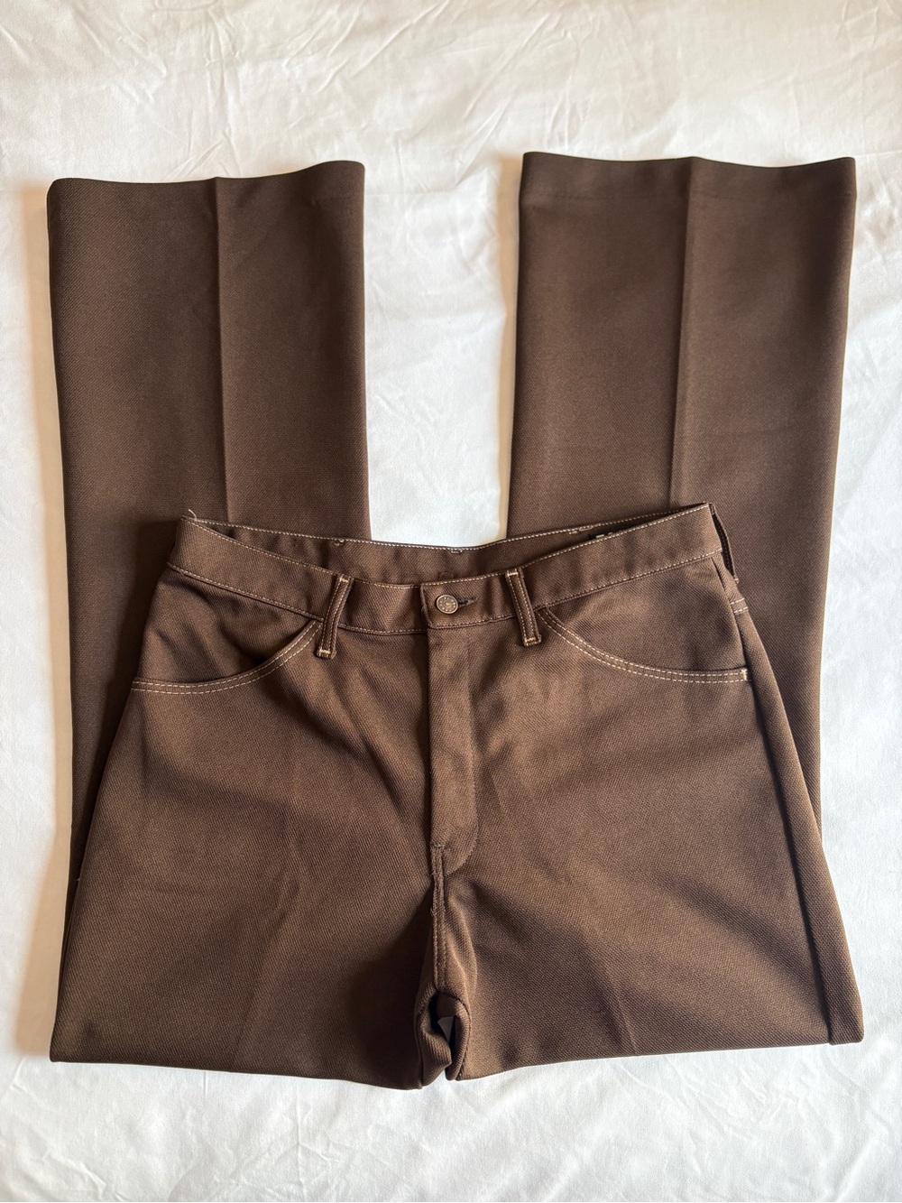 Farah Chocolate Brown Contrast Stitch Flare Trousers Retro Workwear Menswear